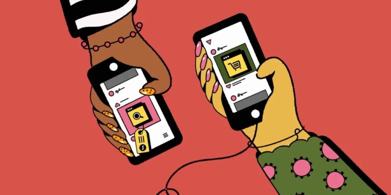 Graphic on a red background showing two hands holding smartphones with shopping cart icons, symbolizing retail media networks harnessing B2B and B2C data to drive consumer shopping.