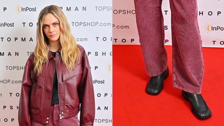 Cara Delevingne wears the Topshop Clover premium real leather loafers with ruched details in black at the brand's London Show on Saturday.