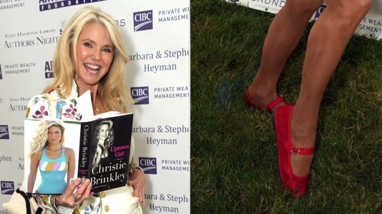 Christie Brinkley wearing red velvet Mary Jane-style ballet flats at the East Hampton Library's Authors Night on Saturday.