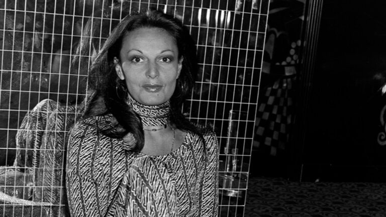 Diane von Furstenberg wearing her DVF fall 1976 collection.