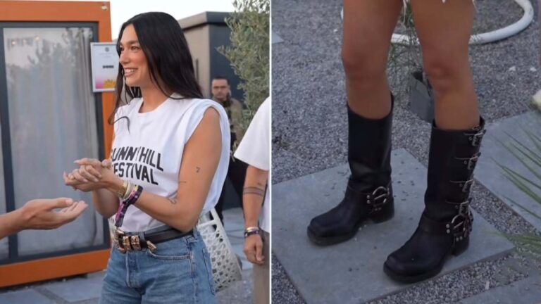 Dua Lipa wearing Miu Miu black leather boots at Sunny Hill in Kosovo on Friday.