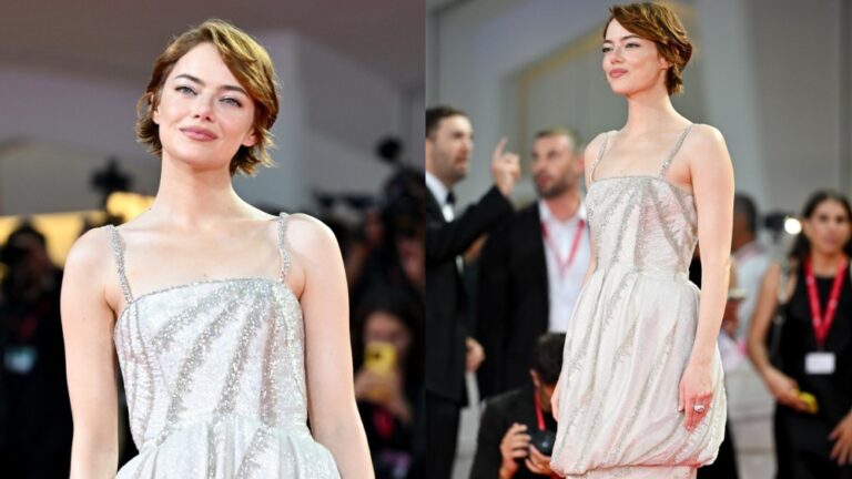 Emma Stone wears custom Louis Vuitton at the "Bugonia" premiere at The 82nd Venice International Film Festival on Aug. 28, 2025 in Venice, Italy.