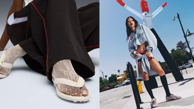 model wearing the fenty x puma cat cleat jelly sandals in a light colorway; model in fenty x puma activewear standing outside