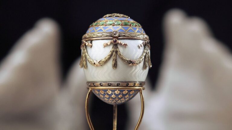 A Faberge enamel and two colour gold egg, from the collection of King George I of the Hellenes.
