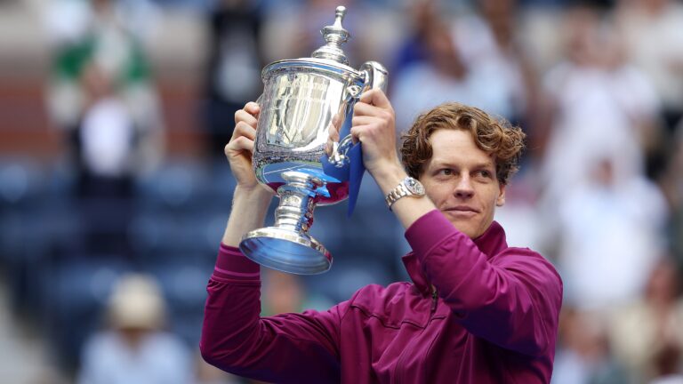 Jannik Sinner of Italy celebrates with the winners trophy after defeating Taylor Fritz of the United States to win the Men's Singles Final on Day Fourteen of the 2024 US Open at USTA Billie Jean King National Tennis Center on September 08, 2024 in the Flushing neighborhood of the Queens borough of New York City.