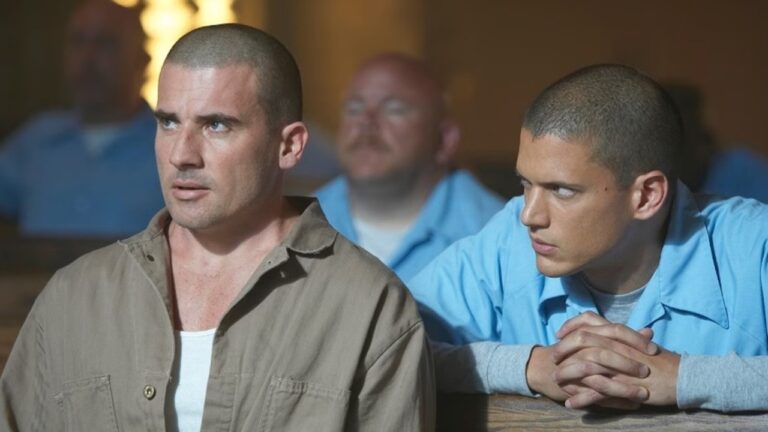 Inmate Michael Scofield (right, played by Wentworth Miller), dressed in blue prison attire, looks intently at his brother (left, Dominic Purcell) as they quietly hatch their escape plan in &quot;Prison Break&quot;.