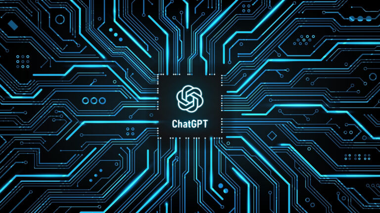 An OpenAI logo over some circuits.
