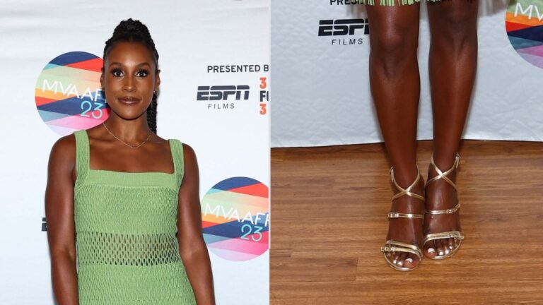 Issa Rae wears Stuart Weitzman gold metallic Georgie strappy sandals in Martha's Vineyward on Saturday.