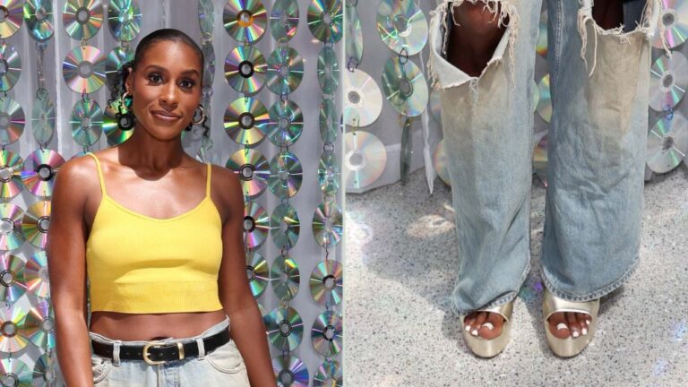 Issa Rae wears metallic Stuart Weitzman platform sandals at the Beverly Center in Los Angeles on Saturday.