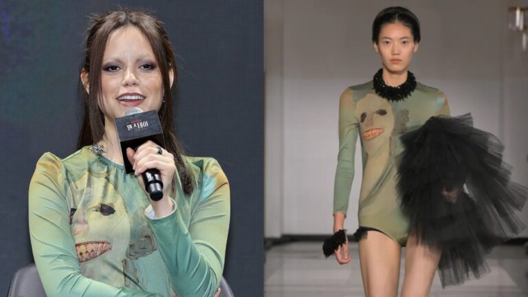 Jenna Ortega attends the Wednesday Season Two press conference on Aug. 11, 2025 in Seoul, South Korea, left. Simone Rocha Spring 2025 Ready-To-Wear Collection at London Fashion Week, right.