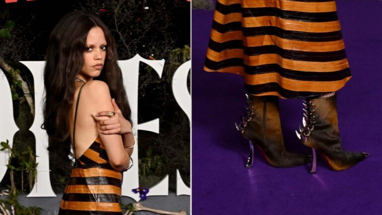 Jenna Ortega wears Christian Louboutin Kate Max Booty Spikes Claw Ankle Boot in Sydney for a "Wednesday" fan event.