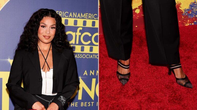 Jordin Sparks wears Fendi’s Colibrì slingback pumps featuring the house's FF monogram mesh at the 7th Annual AAFCA TV Honors on Saturday.
