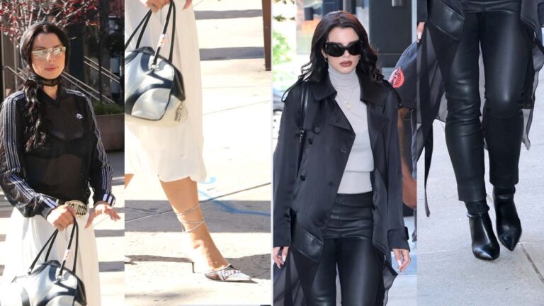 Julia Fox wearing Le Silla Hard Rock heels and black boots on the set of "Elsbeth" in New York City on Friday.
