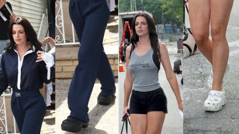 Julia Fox wearing two styles of Crocs while on set of "Elsbeth" on Thursday.