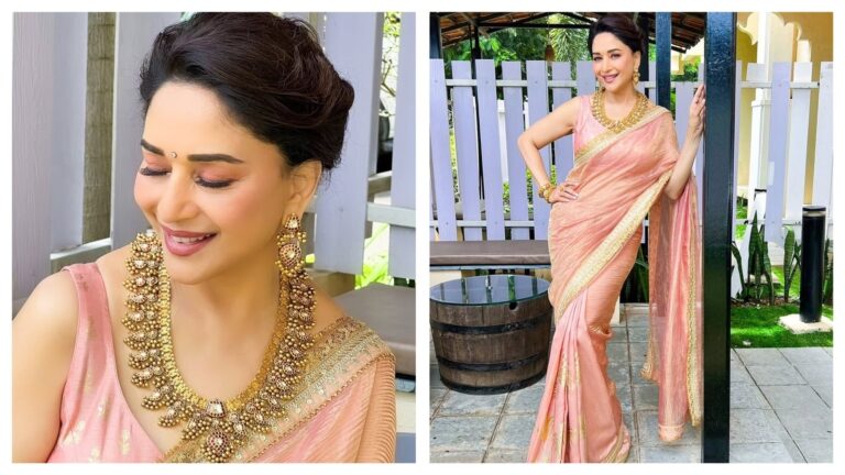 Madhuri Dixit radiates ‘poise, perfection’ in peach saree by Masaba Gupta that’s also kind on the pocket | Fashion Trends Madhuri Dixit radiates ‘poise, perfection’ in peach saree by Masaba Gupta that's also kind on the pocket | Fashion Trends