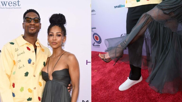 Meagan Good wears wraparound strappy stilettos while attending the Harold & Carole Pump Foundation Gala with her husband Jonathan Majors on Friday.