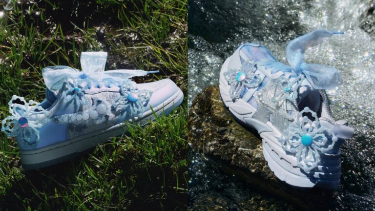 Nike x Susan Fang Dunk sneakers with jacquard uppers and embroidered florals, and Nike x Susan Fang V2K sneakers with screen-printed ripple details