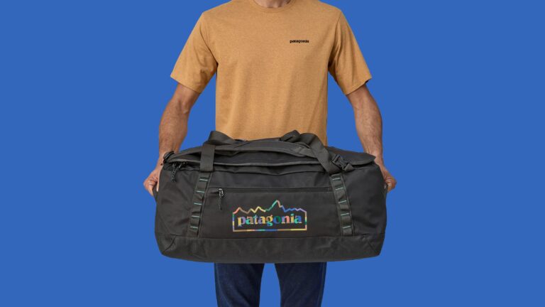 Patagonia Just Quietly Discounted Nearly Every One of Its Iconic Bags A man holding Patagonia Black Hole Duffel against a light blue background