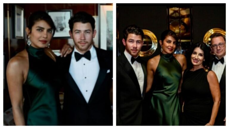 Priyanka Chopra stuns in green satin dress with dapper Nick Jonas at family party on her in-law's 40th anniversary: Pics | Fashion Trends