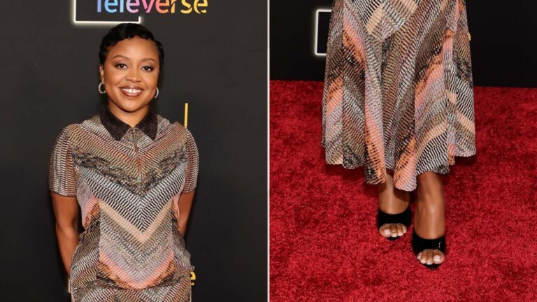 Quinta Brunson wearing patent leather open-toe shoes with a Missoni knit set at Televerse Los Angeles on Saturday.