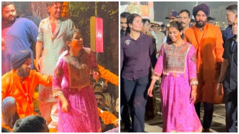 Radhika Merchant in simple Bandhani suit showers flower petals on husband Anant Ambani during Ganpati Visarjan | Fashion Trends