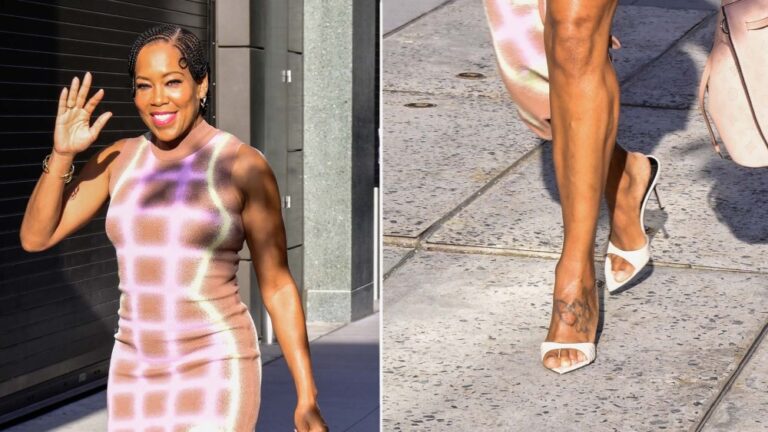 Regina King wearing embossed Giuseppe Zanotti Intriigo sandals while outside of ABC Studios for "Good Morning America" on Tuesday.