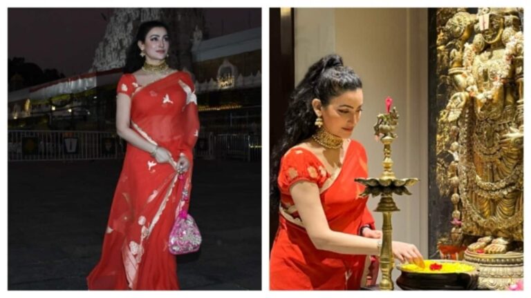 Shalini Passi visits Tirupati for birthday blessings wearing a red saree, styled with a choker, potli bag. See pics | Fashion Trends