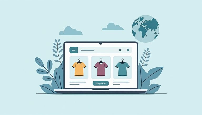 Illustration of a commerce storefront shop on a computer screen showing three shirts on a hanger.
