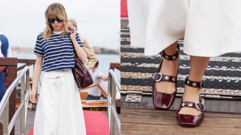 Suki Waterhouse was spotted at the Venice Film Festival 2025 in studded Mary Jane flats.