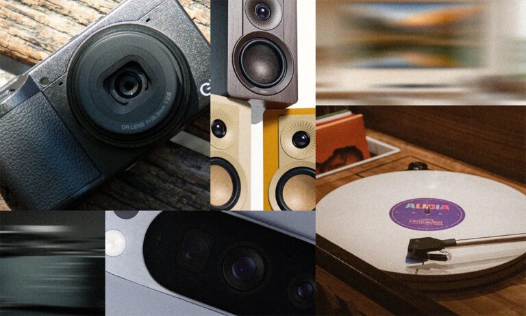 A collage of various audio and visual equipment including a close-up of a camera lens, multiple speaker units in different colors and designs, a white vinyl record on a turntable, and a close-up of a camera or sensor array. The images emphasize technology and sound equipment.