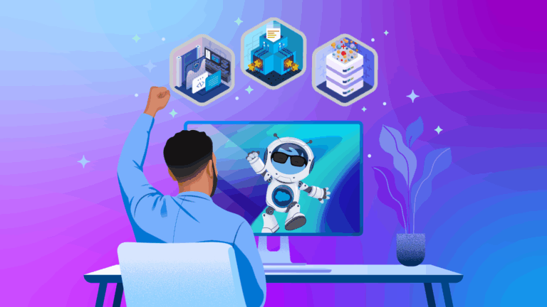 Illustration of a Trailblazer at his desk with his hands raised in celebration after completing an updated superbadge. Salesforce Superbadges on Trailhead are getting supercharged with some major updates