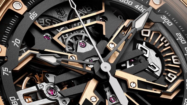 Close-up of a luxury skeleton watch face featuring intricate mechanical gears and components. The watch has black and rose gold accents with silver hands and a detailed tachymeter scale around the outer edge. Visible jewels and screws highlight the precision engineering inside. The brand name