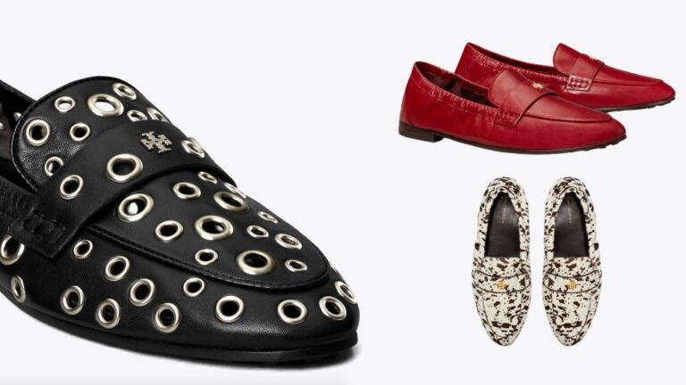 Tory Burch Ballet Loafers on sale this labor day weekend in black leather with silver grommets, red leather, and  animal print pony hair designs