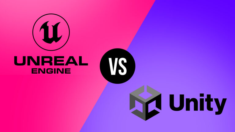 Unity and Unreal Engine logos on pink and violet backgrounds. Text reads Unity vs Unreal Engine 5