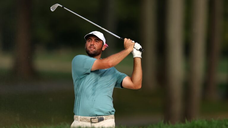 Scottie Scheffler of the United States plays a second shot on the 16th hole during the final round of the BMW Championship 2025 at Caves Valley Golf Club on August 17, 2025 in Owings Mills, Maryland.
