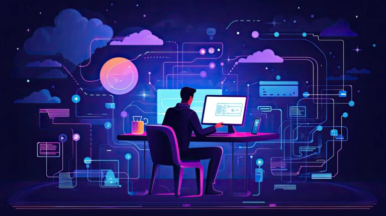 An illustration of developer sitting in front of computer. Dark purple background with software motifs around developer.