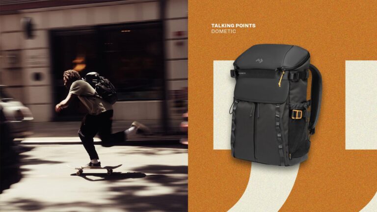 talking points Dometic A person skateboarding on a city street wearing a Dometic Unrestricted Backpack on the left side of the image