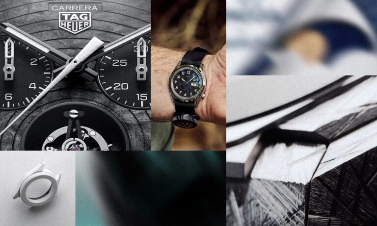 Close-up images related to watches and watchmaking: a detailed view of a TAG Heuer Carrera watch face showing the hands and subdials, a wristwatch with a black strap worn on a person