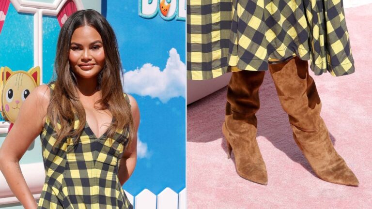 Chrissy Teigen wearing brown slouchy suede boots at the premiere of 'Gabby's Dollhouse: The Movie' on Saturday at the Grove in Los Angeles.