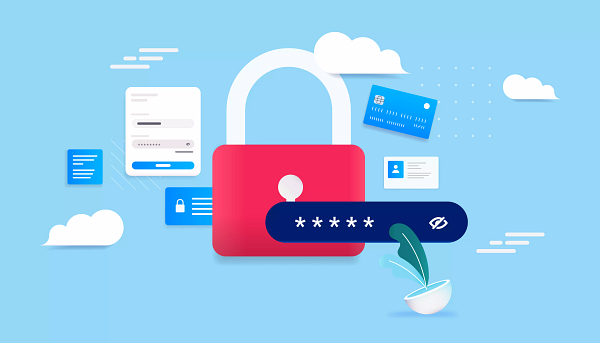 Data Privacy for Financial Services: Build Trust with Salesforce Illustration showing a lock hovering near login forms and a password field.