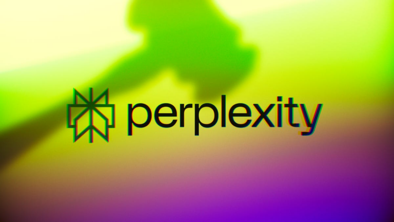 Perplexity logo on a green background with a judge&apos;s gavel above it