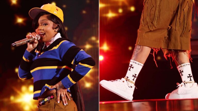 GloRilla performing on stage in Louis Vuitton Time Out Sneakers during the 2025 iHeartRadio Music Festival at T-Mobile Arena on Saturday night in Las Vegas.