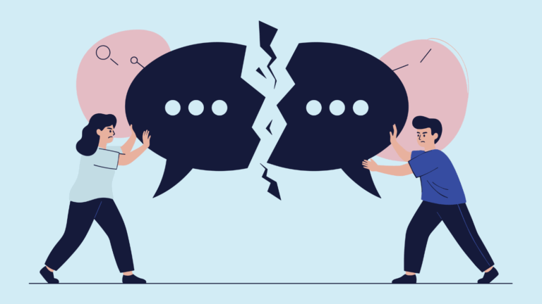 How to Fix Broken AI Conversations with Design Illustration of two people pushing against and oversized speech bubble that's split jaggedly down the middle, signifying a broken conversation.
