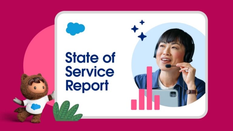 A service representative speaking into a headset besides the words "State of Service Report."