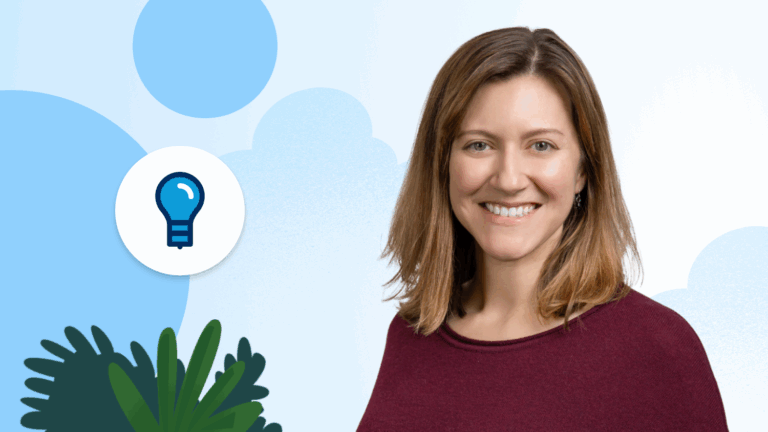 Introducing Idea Insights on IdeaExchange Woman in a red shirt in front of a blue background.