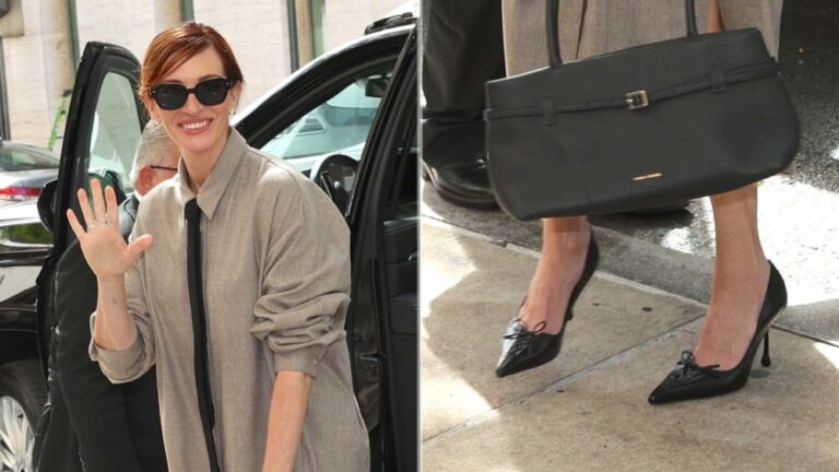 Julia Roberts Balances Menswear Ease With Jimmy Choo Pumps in NYC Julia Roberts wearing Jimmy Choo's Scarlett 95 black nappa leather pumps in New York on Friday.