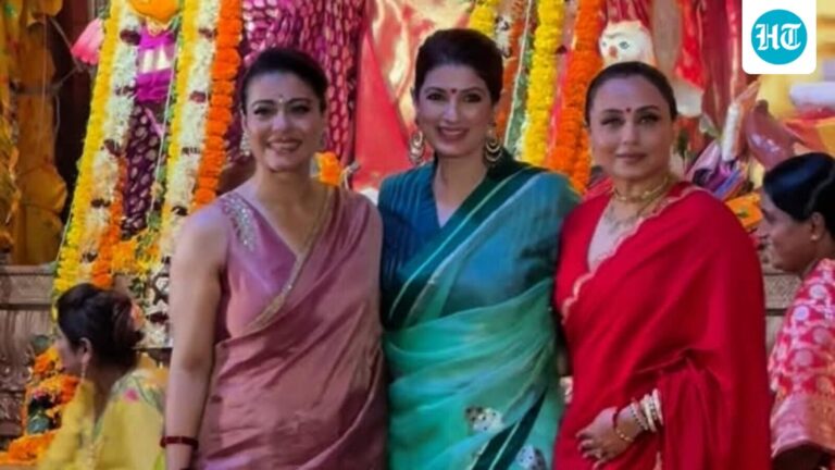 Kajol in pink, Twinkle Khanna in blue, Rani Mukerji in red rock festive glow in gorgeous sarees for Maha Ashtami. Watch Kajol in pink, Twinkle Khanna in blue, Rani Mukerji in red rock festive glow in gorgeous sarees for Maha Ashtami. Watch