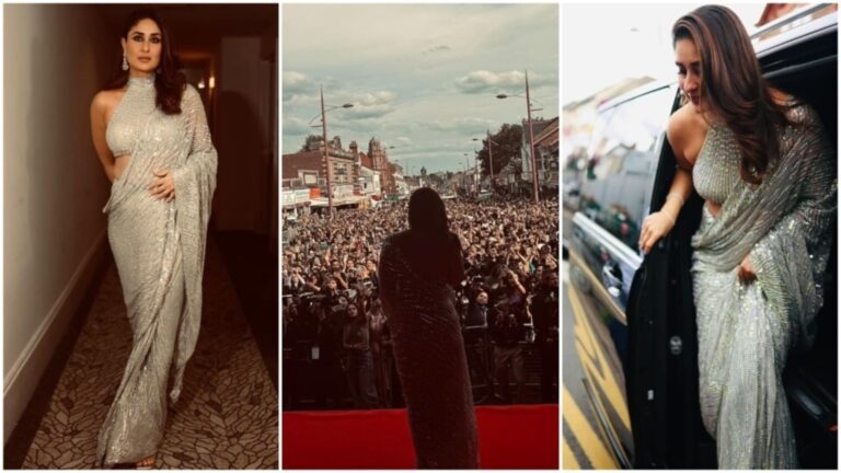 Kareena Kapoor's silver saree is made with hundreds of sequins and definitely turned heads at Birmingham store launch