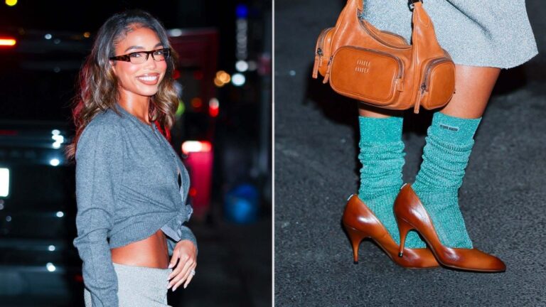 Lori Harvey wears Miu Miu brown leather pumps with the brand's teal socks at the Miutine Party in New York City on Friday.