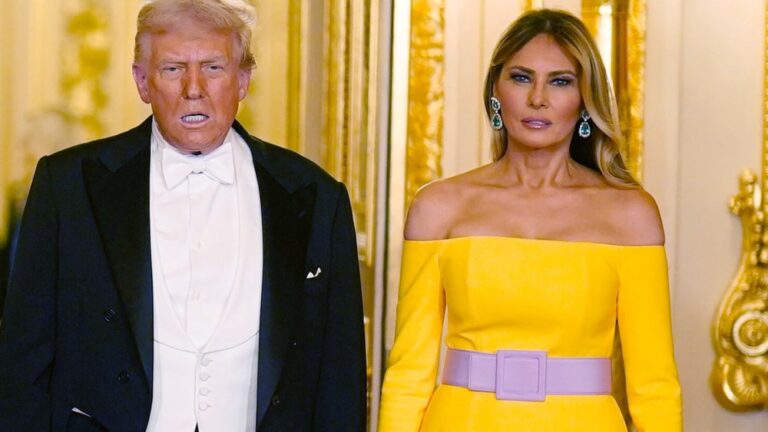 Melania Trump’s Belt at Windsor Castle Dinner Causes Great Debate WINDSOR, ENGLAND - SEPTEMBER 17:  U.S. President Donald Trump and First Lady Melania Trump arrive for the State Banquet hosted by King Charles III and members of the Royal Family at Windsor Castle during the state visit by the President of the United States of America on September 17, 2025 in Windsor, England. President Trump is in England from Sept. 16-18 on his second UK state visit, with the previous one taking place in 2019 during his first presidential term.  (Photo by Aaron Chown-WPA Pool/Getty Images)